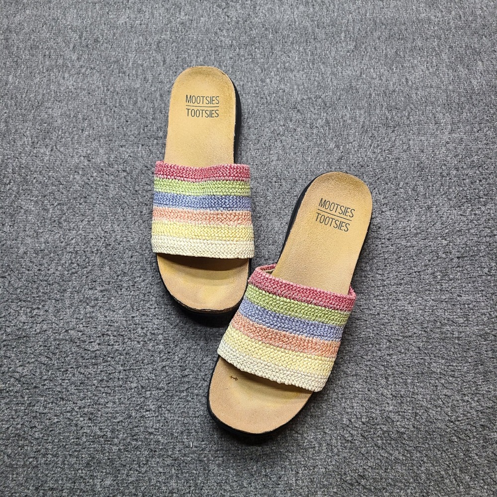 Mootsies Tootsies Slide Sandals Women 7.5M Multi Rainbow Good Woven Striped Boho